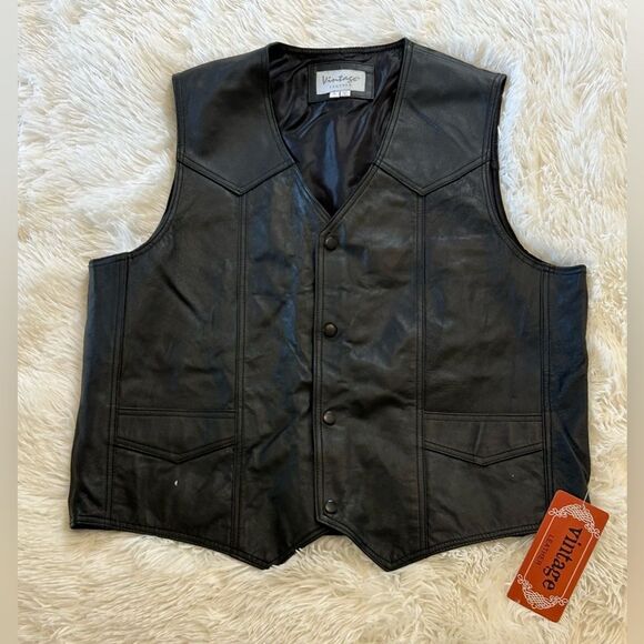 Vintage Black Leather Vest Timeless Design Large NWT - Picture 1 of 8
